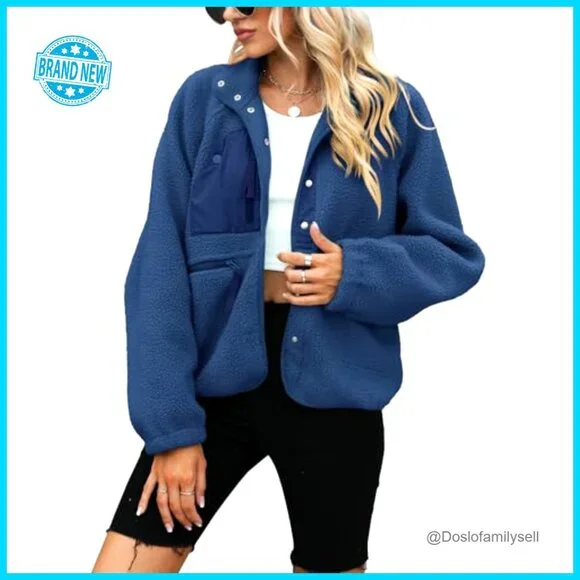 Fuzzy Sherpa Fleece Jacket Oversized Cropped Button Down Winter Outerwear - Picture 2 of 6